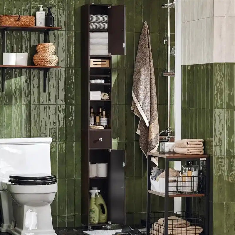 Tall Bathroom Storage Cabinet with Drawer and Adjustable Shelves, Black