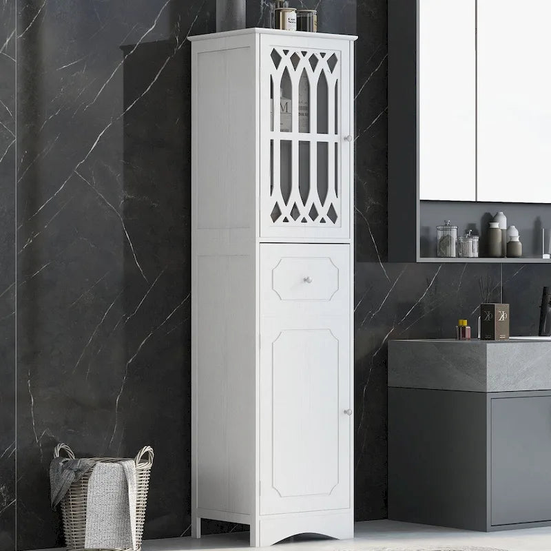 Tall Freestanding Bathroom Storage Cabinet with Hollow Carved Door Drawer White