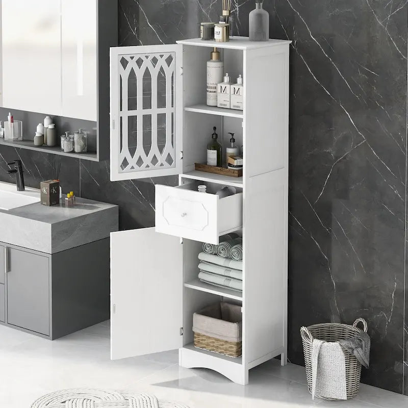 Tall Freestanding Bathroom Storage Cabinet with Hollow Carved Door Drawer White