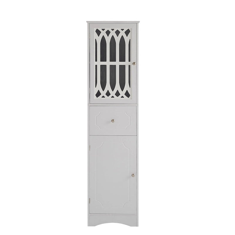 Tall Freestanding Bathroom Storage Cabinet with Hollow Carved Door Drawer White