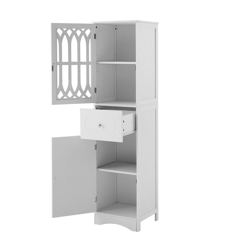 Tall Freestanding Bathroom Storage Cabinet with Hollow Carved Door Drawer White