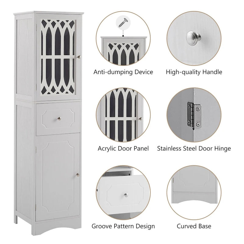 Tall Freestanding Bathroom Storage Cabinet with Hollow Carved Door Drawer White