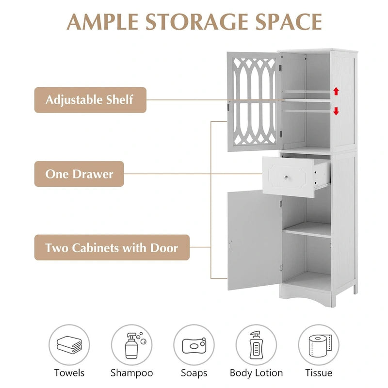 Tall Freestanding Bathroom Storage Cabinet with Hollow Carved Door Drawer White