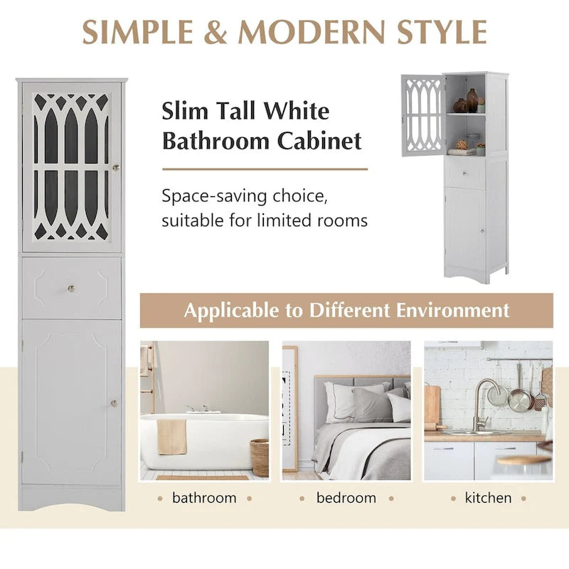 Tall Freestanding Bathroom Storage Cabinet with Hollow Carved Door Drawer White