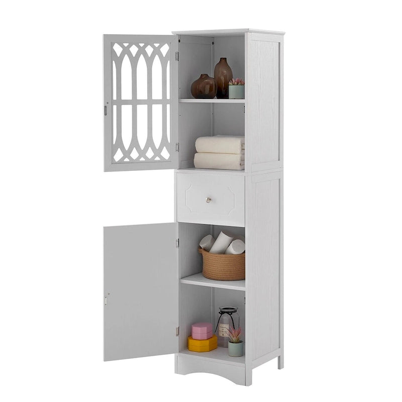 Tall Freestanding Bathroom Storage Cabinet with Hollow Carved Door Drawer White