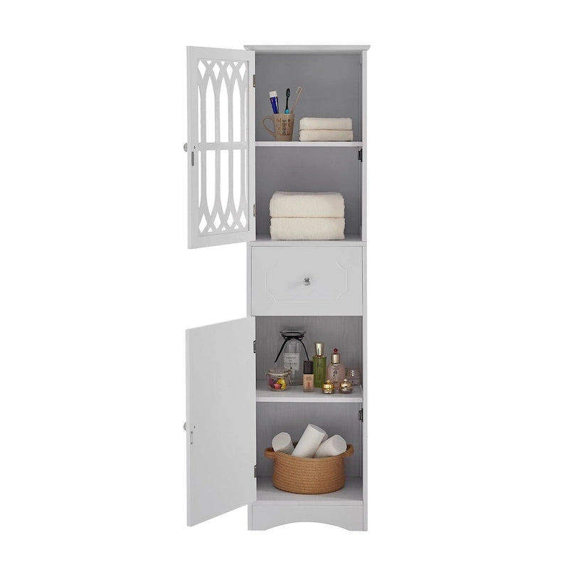 Tall Freestanding Bathroom Storage Cabinet with Hollow Carved Door Drawer White