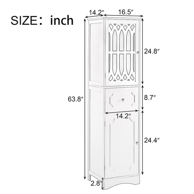 Tall Freestanding Bathroom Storage Cabinet with Hollow Carved Door Drawer White