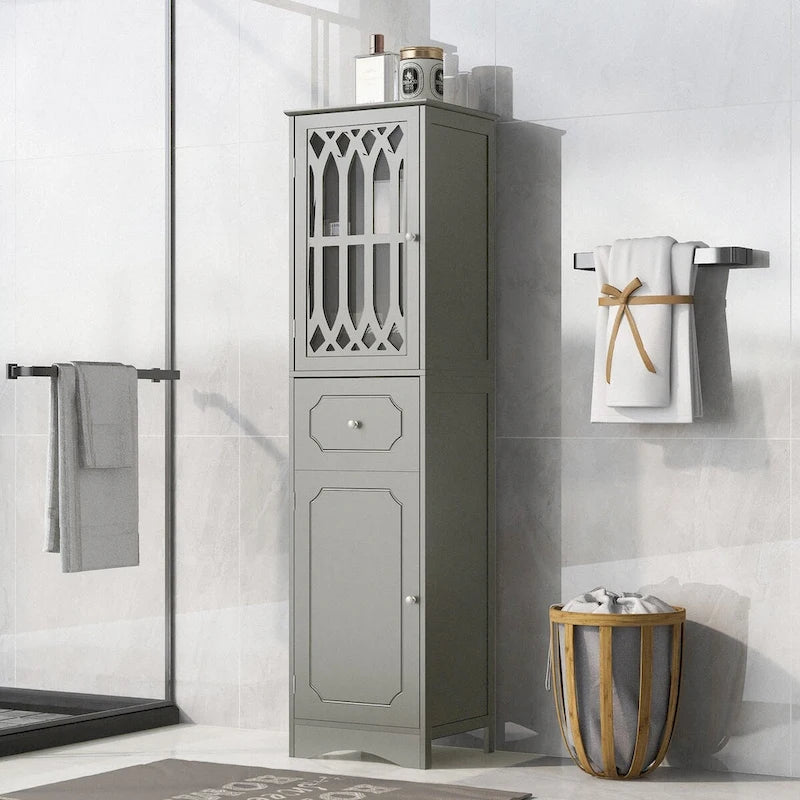 Tall Freestanding Bathroom Storage Cabinet with Hollow Carved Door Drawer White