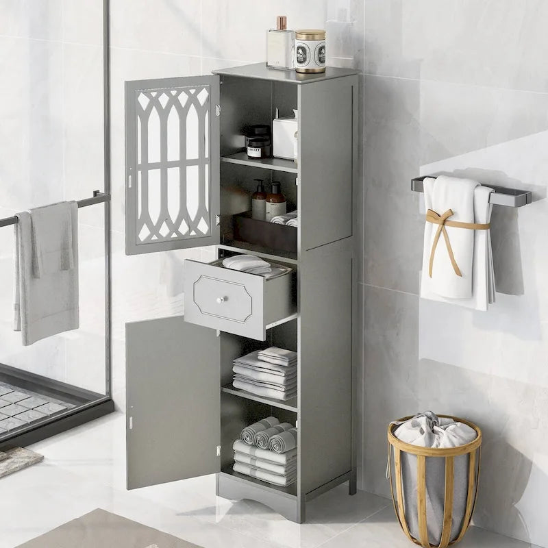 Tall Freestanding Bathroom Storage Cabinet with Hollow Carved Door Drawer White