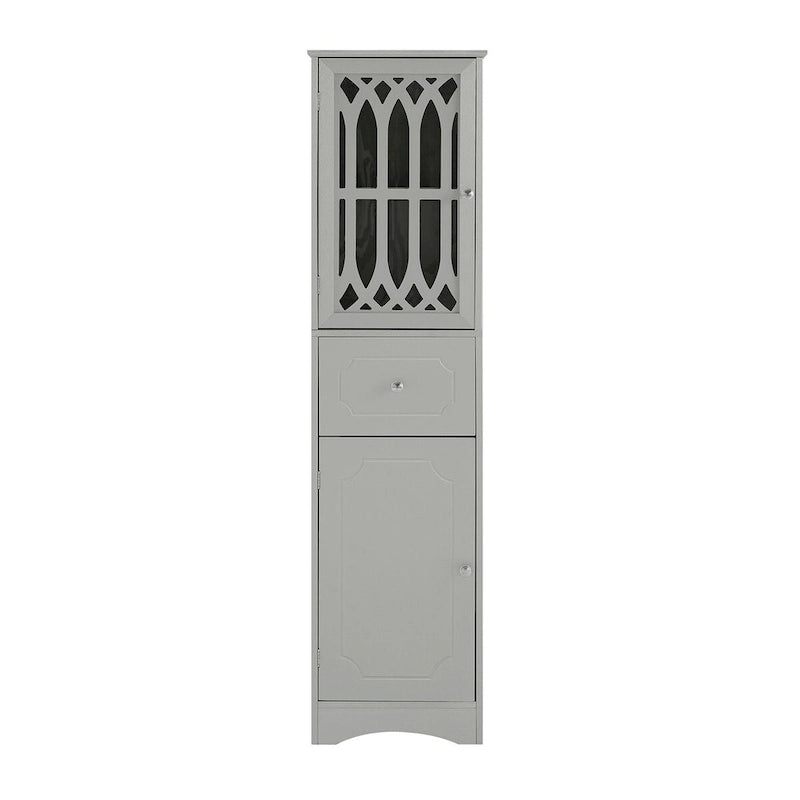 Tall Freestanding Bathroom Storage Cabinet with Hollow Carved Door Drawer White