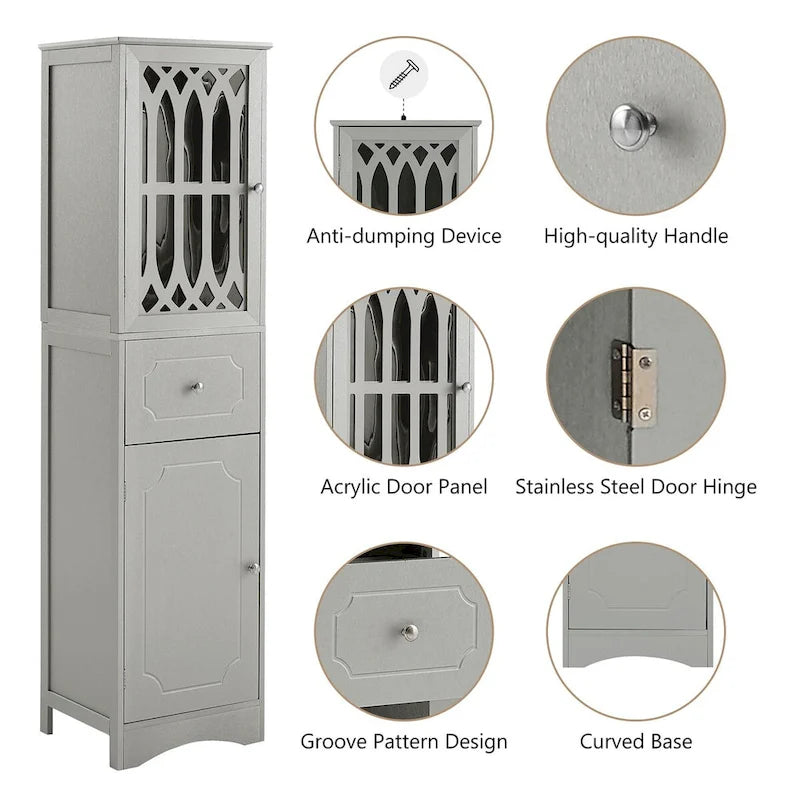 Tall Freestanding Bathroom Storage Cabinet with Hollow Carved Door Drawer White