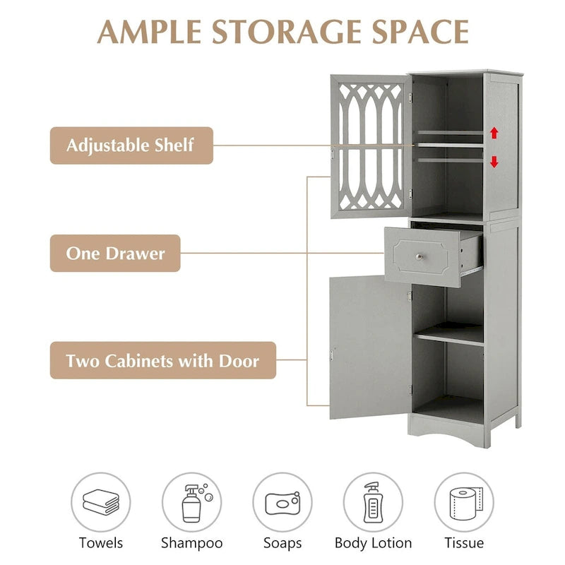 Tall Freestanding Bathroom Storage Cabinet with Hollow Carved Door Drawer White