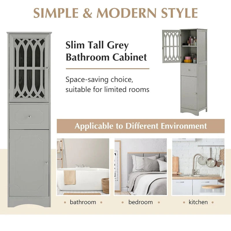 Tall Freestanding Bathroom Storage Cabinet with Hollow Carved Door Drawer White