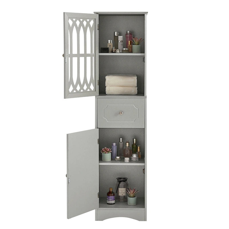 Tall Freestanding Bathroom Storage Cabinet with Hollow Carved Door Drawer White
