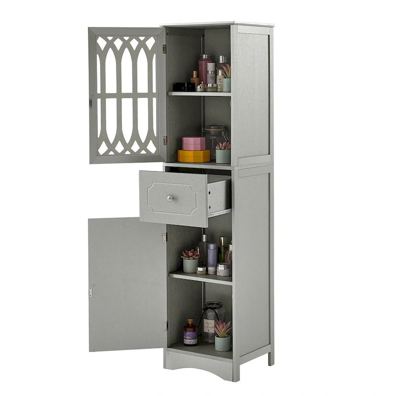 Tall Freestanding Bathroom Storage Cabinet with Hollow Carved Door Drawer White