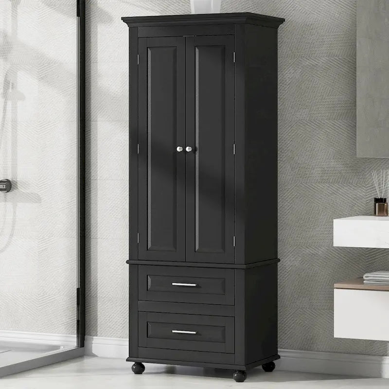 Black Tall Storage Cabinet with Two Drawers and Adjustable Shelf