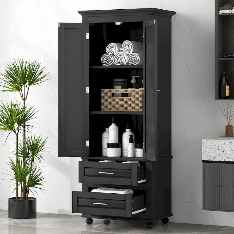 Black Tall Storage Cabinet with Two Drawers and Adjustable Shelf