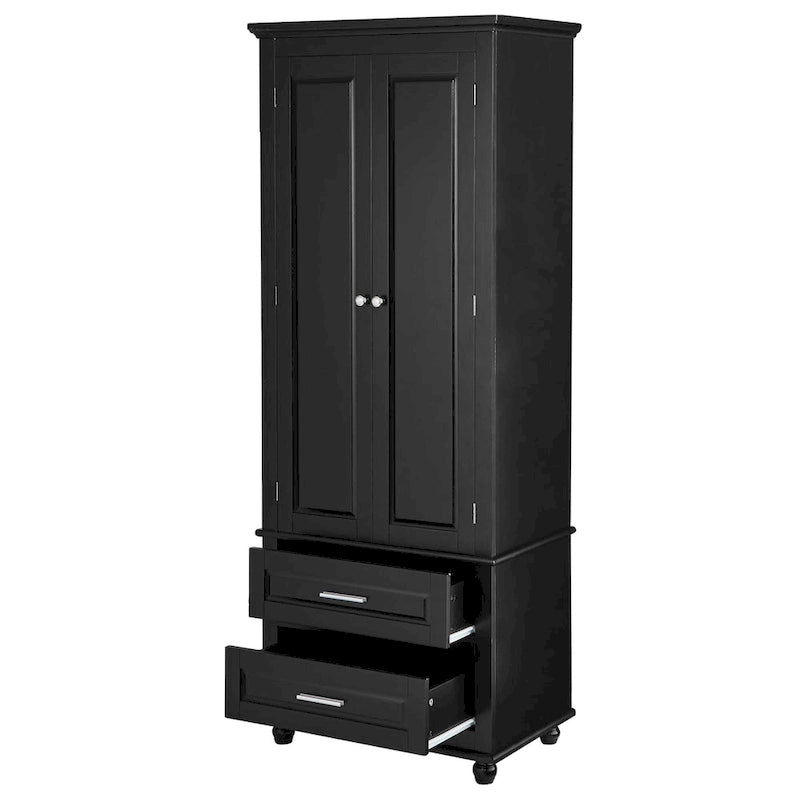Black Tall Storage Cabinet with Two Drawers and Adjustable Shelf