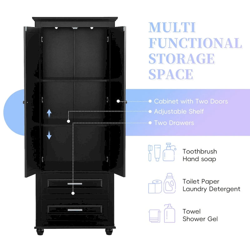 Black Tall Storage Cabinet with Two Drawers and Adjustable Shelf