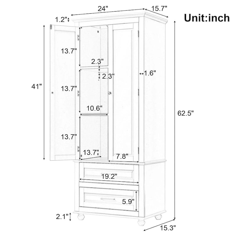 Black Tall Storage Cabinet with Two Drawers and Adjustable Shelf