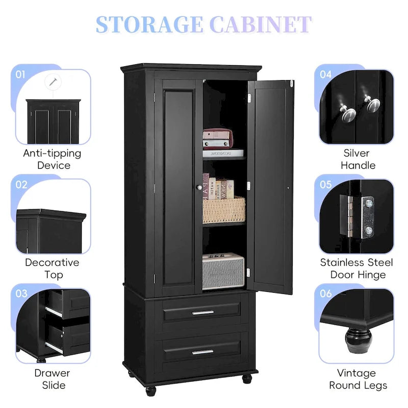 Black Tall Storage Cabinet with Two Drawers and Adjustable Shelf