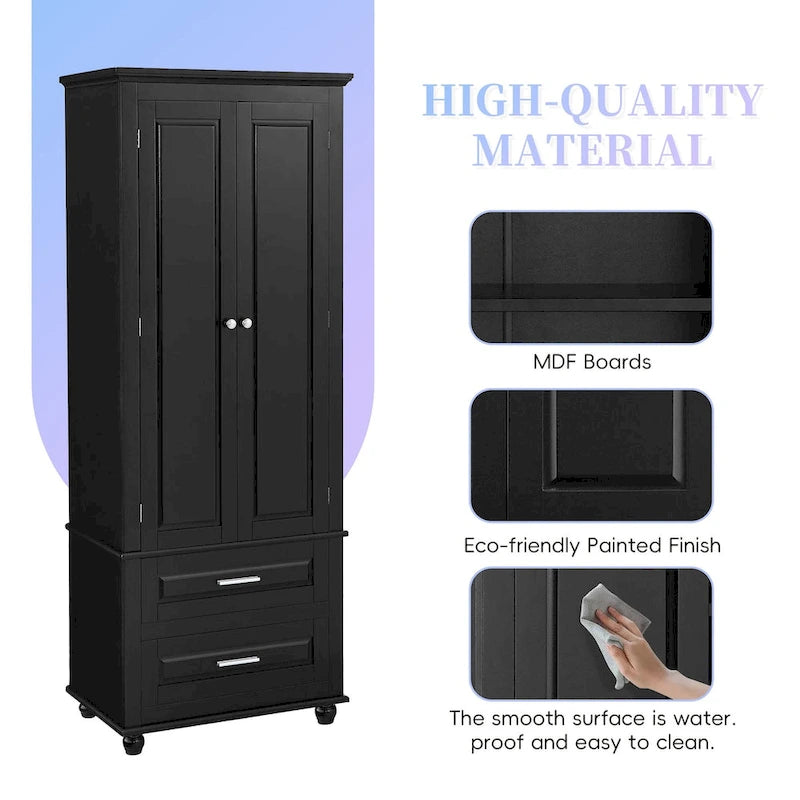 Black Tall Storage Cabinet with Two Drawers and Adjustable Shelf