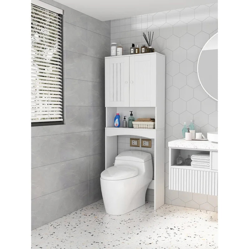 Over-The-Toilet Storage Cabinet with Open Shelf and Doors Matte White