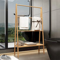 Natural Bamboo Freestanding Ladder Towel Rack with Bottom Storage Shelf