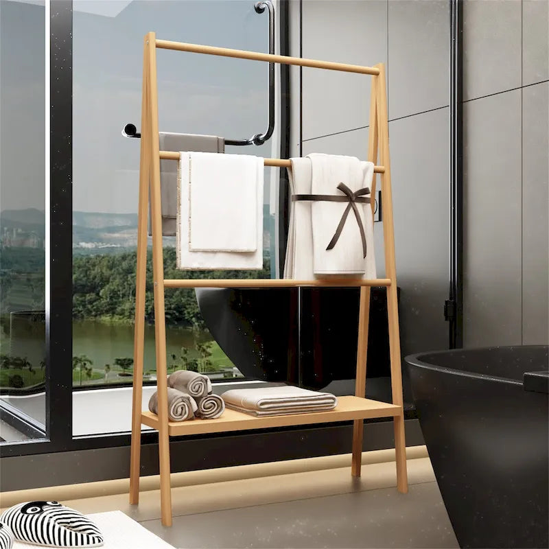 Natural Bamboo Freestanding Ladder Towel Rack with Bottom Storage Shelf