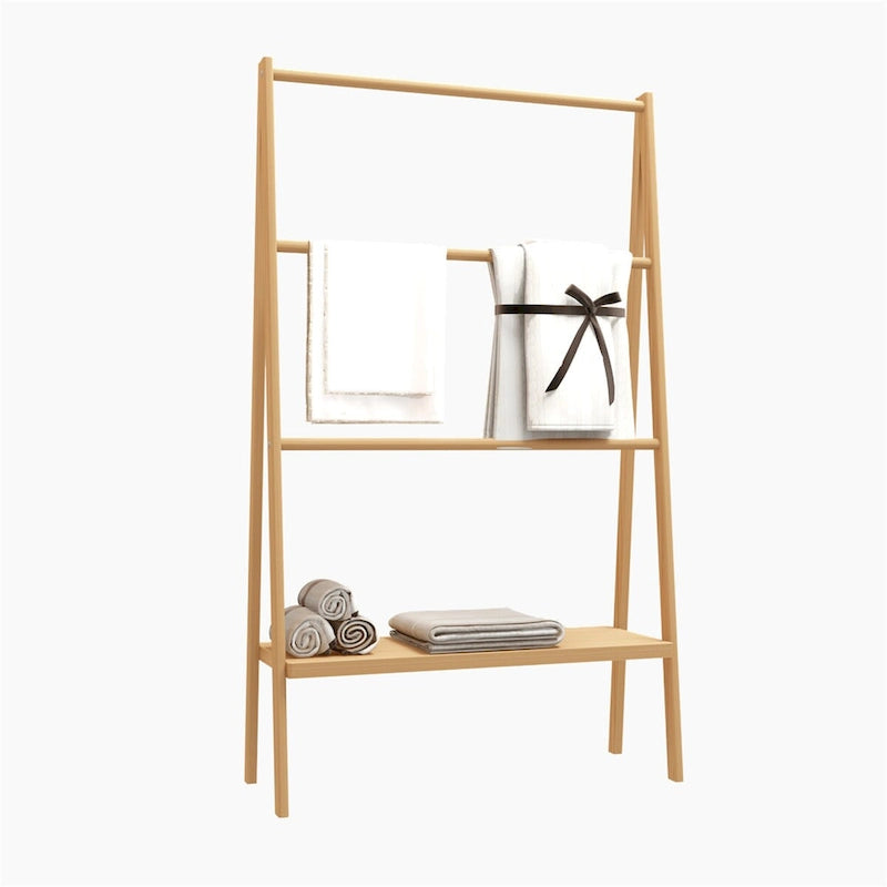 Natural Bamboo Freestanding Ladder Towel Rack with Bottom Storage Shelf