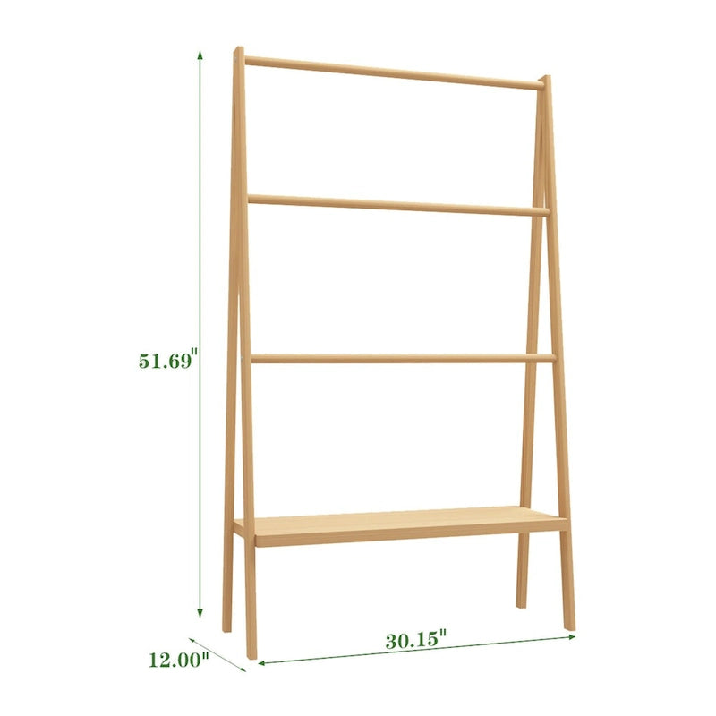 Natural Bamboo Freestanding Ladder Towel Rack with Bottom Storage Shelf