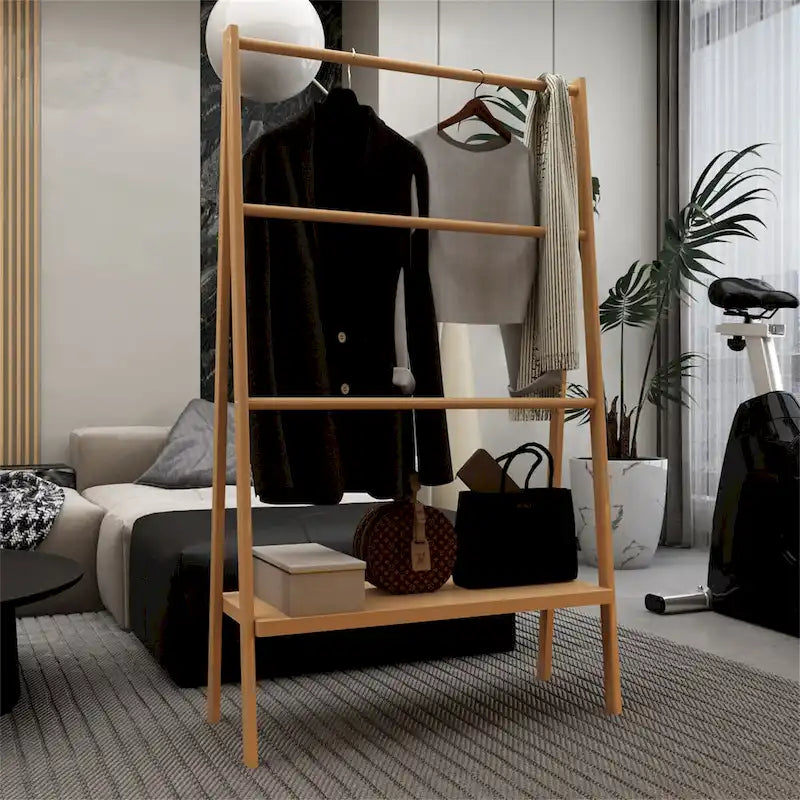 Natural Bamboo Freestanding Ladder Towel Rack with Bottom Storage Shelf
