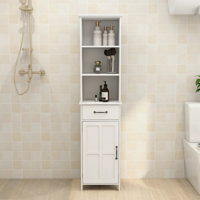 White Tall Bathroom Floor Cabinet with Open Shelves Drawer and Door