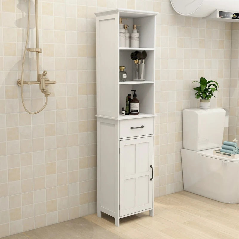 White Tall Bathroom Floor Cabinet with Open Shelves Drawer and Door