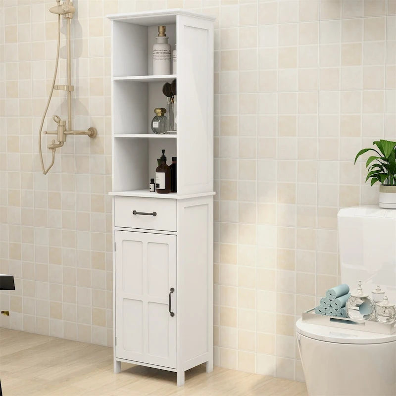 White Tall Bathroom Floor Cabinet with Open Shelves Drawer and Door