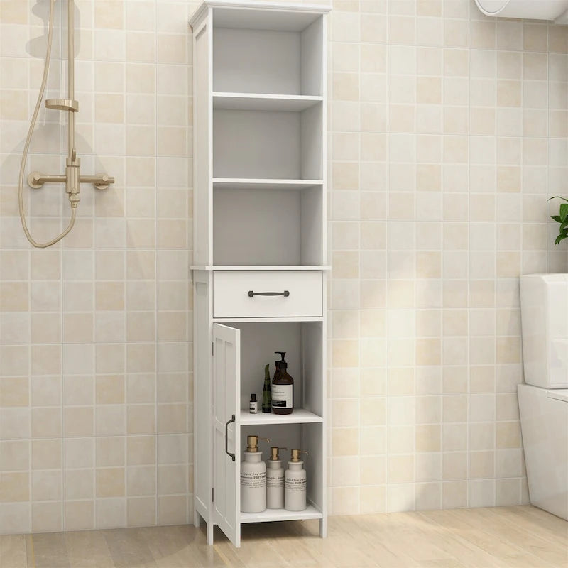 White Tall Bathroom Floor Cabinet with Open Shelves Drawer and Door