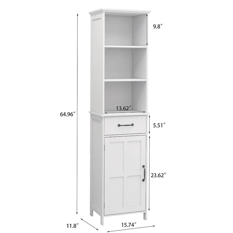 White Tall Bathroom Floor Cabinet with Open Shelves Drawer and Door