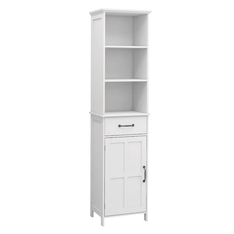 White Tall Bathroom Floor Cabinet with Open Shelves Drawer and Door