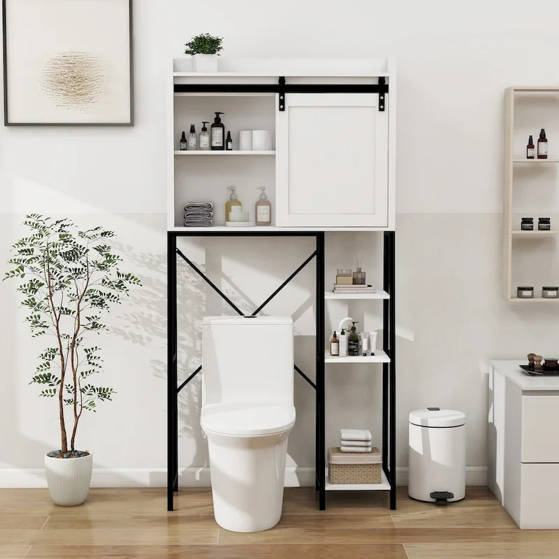 Over The Toilet Storage Cabinet with Sliding Barn Door White Black