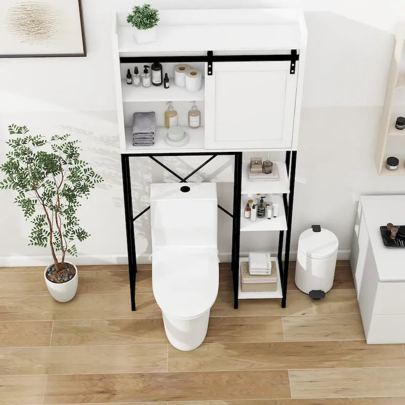 Over The Toilet Storage Cabinet with Sliding Barn Door White Black