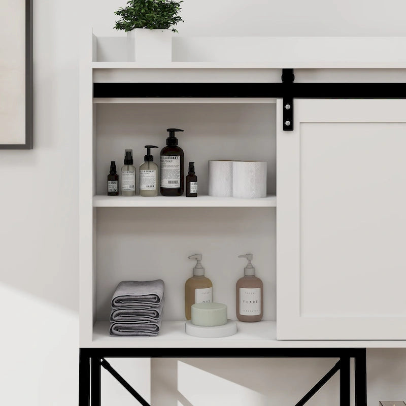 Over The Toilet Storage Cabinet with Sliding Barn Door White Black