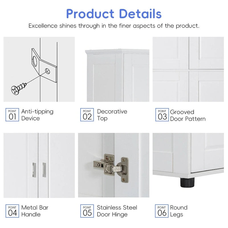 Tall Freestanding Bathroom Storage Cabinet with Adjustable Shelves White