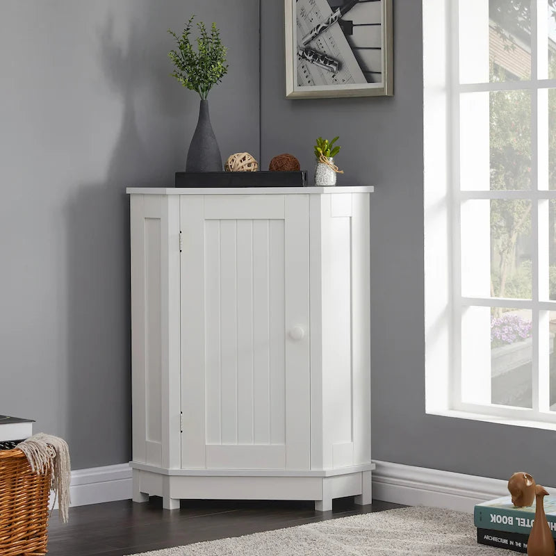 Freestanding Corner Storage Cabinet with Two Adjustable Shelves White Black
