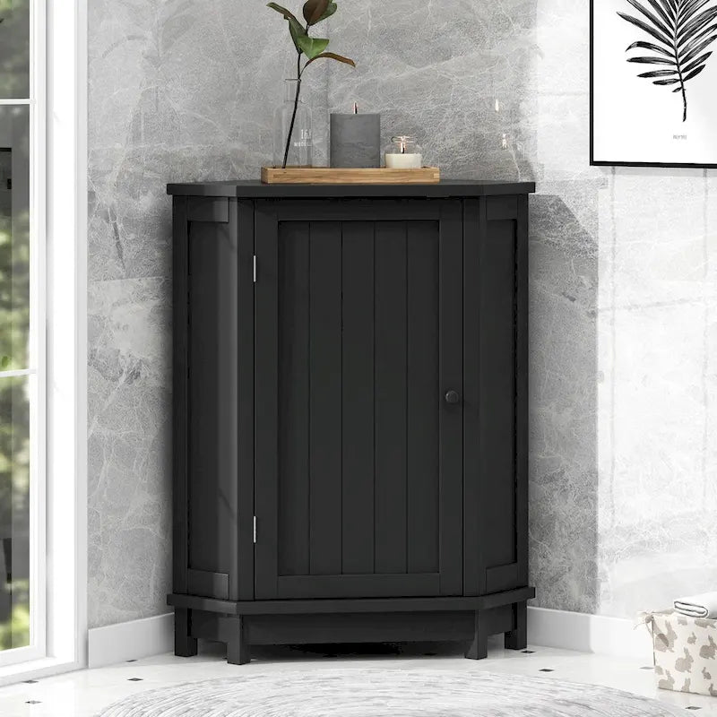 Freestanding Corner Storage Cabinet with Two Adjustable Shelves White Black