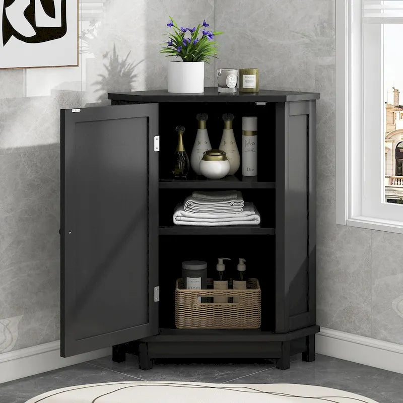 Freestanding Corner Storage Cabinet with Two Adjustable Shelves White Black