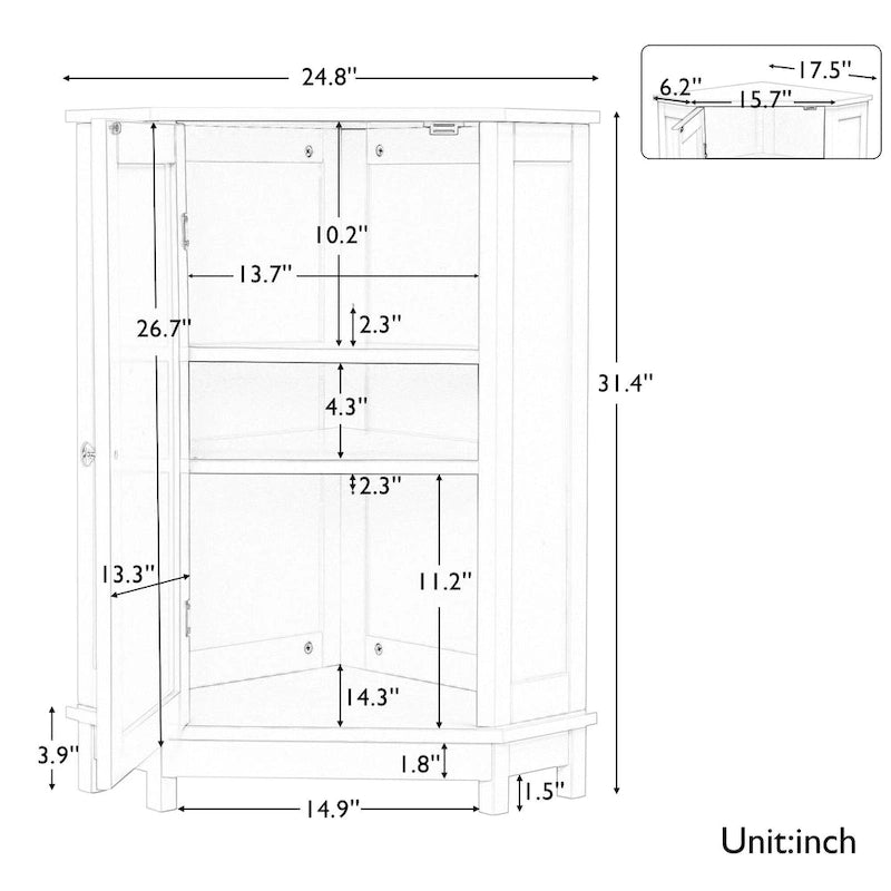 Freestanding Corner Storage Cabinet with Two Adjustable Shelves White Black