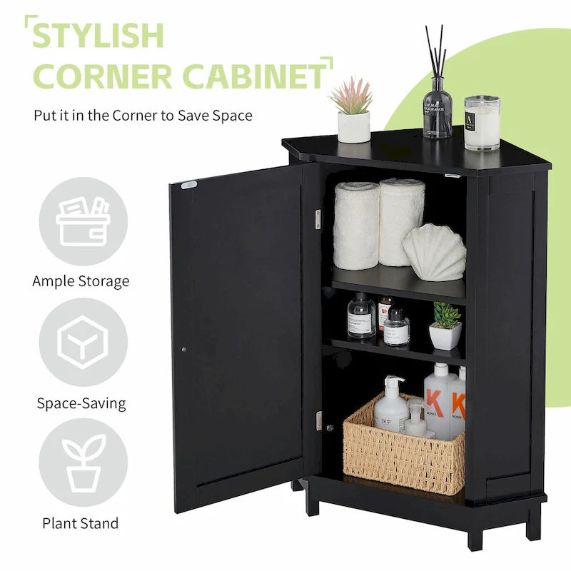 Freestanding Corner Storage Cabinet with Two Adjustable Shelves White Black