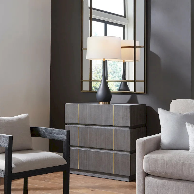 Dark Walnut Acacia Veneer Three-Drawer Accent Chest with Brass Accents
