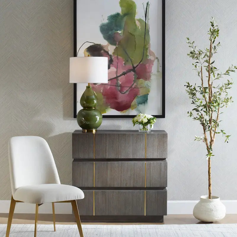 Dark Walnut Acacia Veneer Three-Drawer Accent Chest with Brass Accents