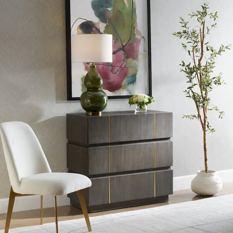 Dark Walnut Acacia Veneer Three-Drawer Accent Chest with Brass Accents